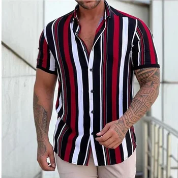 Nova muška košulja, trendi majica s kratkim rukavima i po cijeloj površini u bar, ljetna košulja muška svakodnevni bluzu s odbačenost ovratnik na zakopčane, muška odjeća